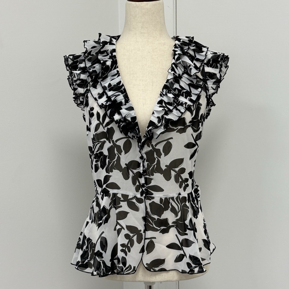 WHBM Black White Floral Ruffle Peplum Top Size 6 Romantic Coquette Feminine
